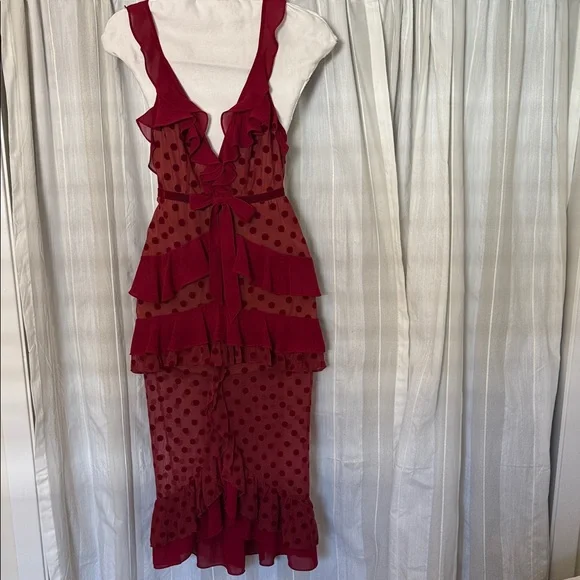 For Love & Lemons Dotty Dress Women’s Small Red Sheer Mesh Ruffle Midi Cocktail - Picture 3 of 9
